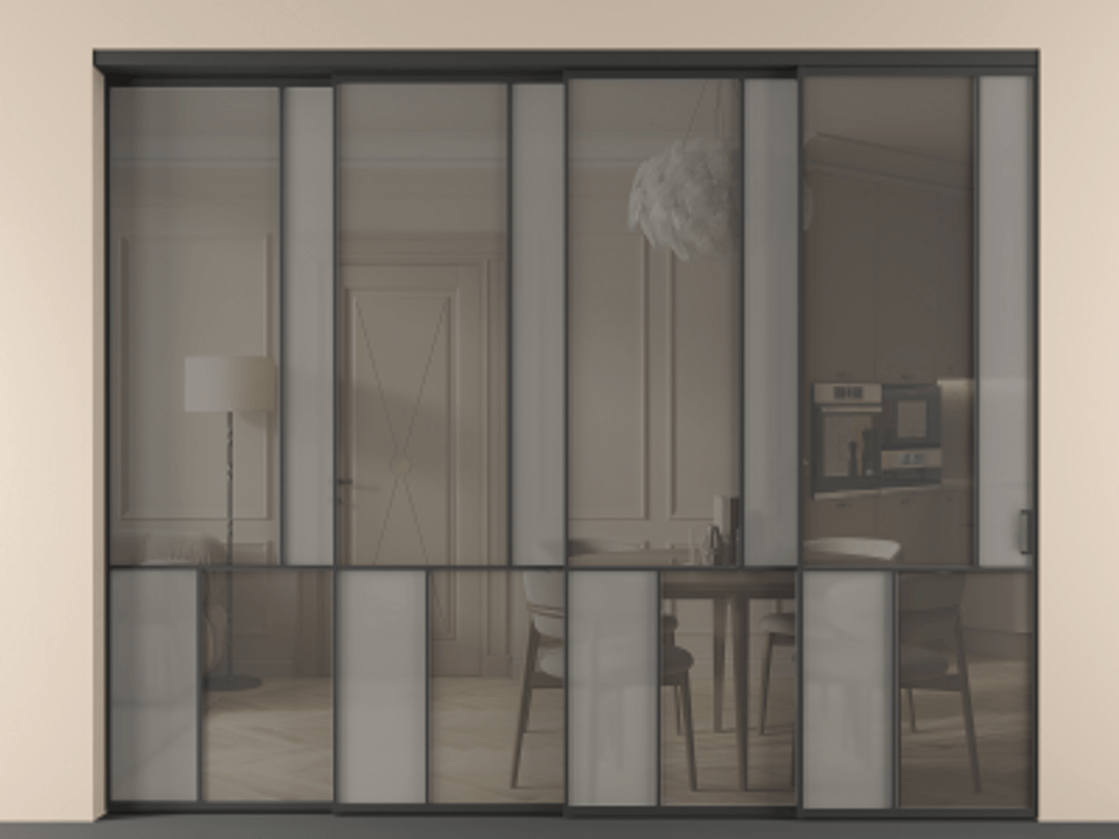 Перегородка Мозаик внутри проёма 4 створки с синхронным механизмом АЛПР 041.21 Алюминий Черный Сатинированное серое стекло, триплекс, 6 мм + Прозрачное серое стекло, триплекс. Скрытый короб ЧЕР Цена 560060 ₽ . Фабрика дверей Волховец 8 (800) 551 43 19 Перегородка Мозаик внутри проёма 4 створки с синхронным механизмом АЛПР 041.21 Алюминий Черный Сатинированное серое стекло, триплекс, 6 мм + Прозрачное серое стекло, триплекс Цена 560060 ₽ | Volhovec