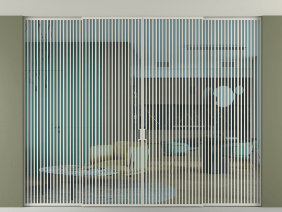 Алюминевая перегородка vn2+2_06 Алюминий тёплый серый Прозрачное голубое стекло, триплекс, 6мм. Цвет Алюминий тёплый серый. Материал Алюминий в эмали. Коллекция Перегородка Формато внутри проёма скрытое крепление в потолок 4 створки. Картинка.